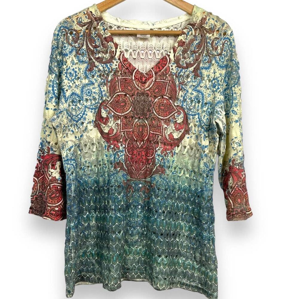 Wrangler Crochet Openwork Paisley Sweater L‎ Teal Red Cream Multi Knit